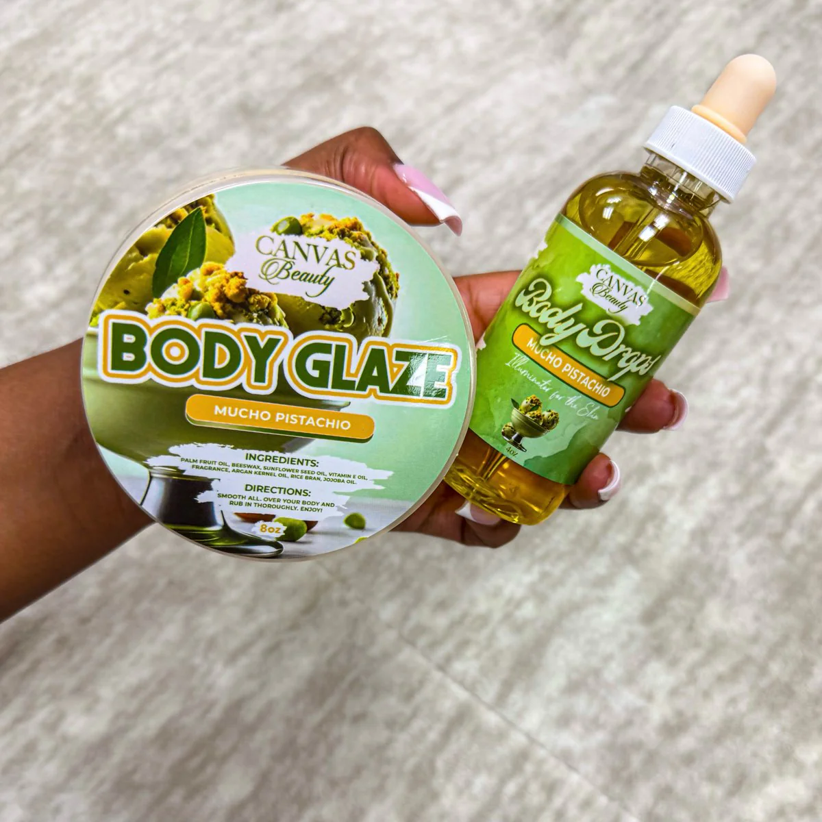 BODY GLAZE & BODY DROPS DUO: MUCHO PISTACHIO
